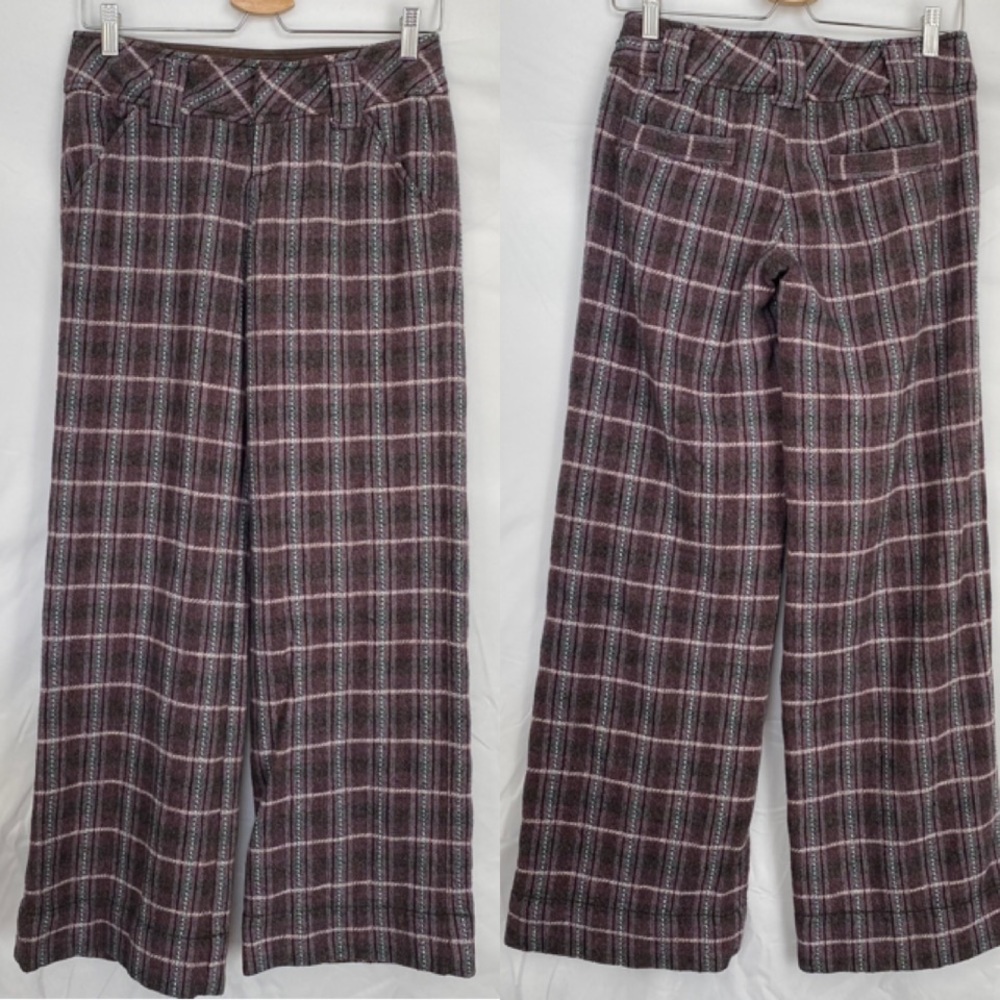 VTG Y2K Free People Plaid Tweed Wide Leg Trousers Size 2 Academia Silk Mid-Rise